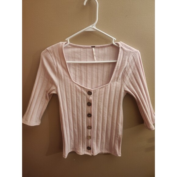 Free People Pink Central Park Button Down Sweater Ribbed Shirt Top Size S - Picture 1 of 5